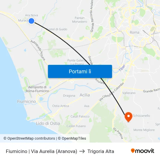 Fiumicino | Via Aurelia (Aranova) to Trigoria Alta map