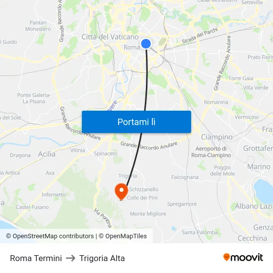Roma Termini to Trigoria Alta map