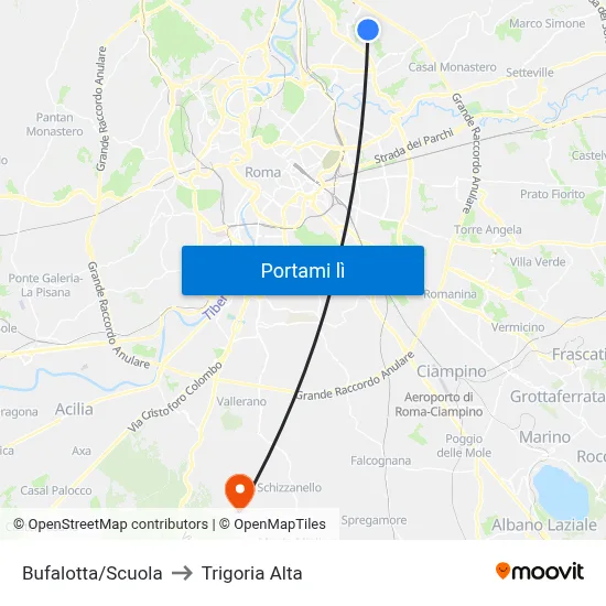 Bufalotta/Scuola to Trigoria Alta map