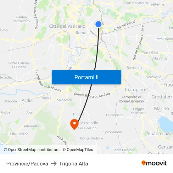 Provincie/Padova to Trigoria Alta map