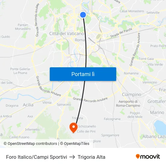 Foro Italico/Campi Sportivi to Trigoria Alta map