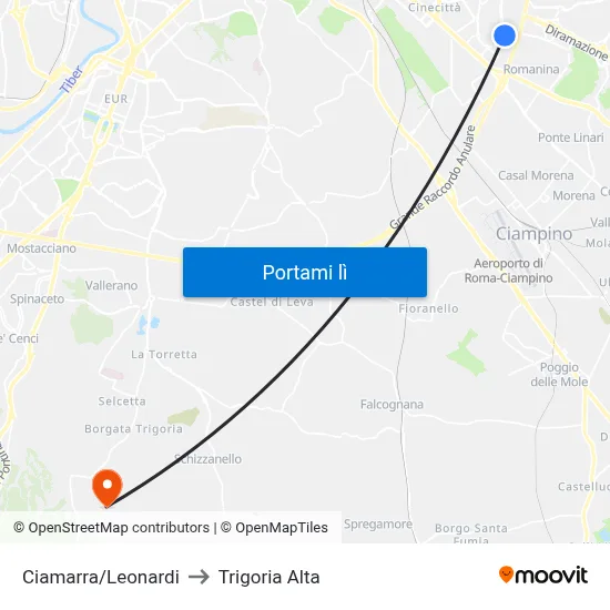Ciamarra/Leonardi to Trigoria Alta map