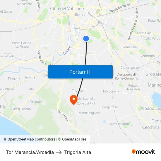 Tor Marancia/Arcadia to Trigoria Alta map