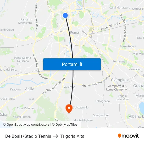De Bosis/Stadio Tennis to Trigoria Alta map