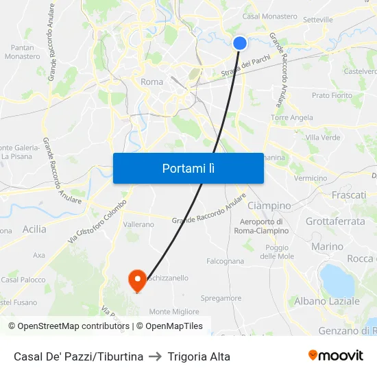 Casal De' Pazzi/Tiburtina to Trigoria Alta map