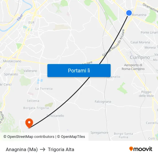 Anagnina (Ma) to Trigoria Alta map
