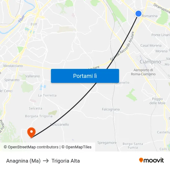 Anagnina (Ma) to Trigoria Alta map
