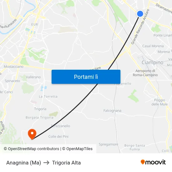 Anagnina (Ma) to Trigoria Alta map