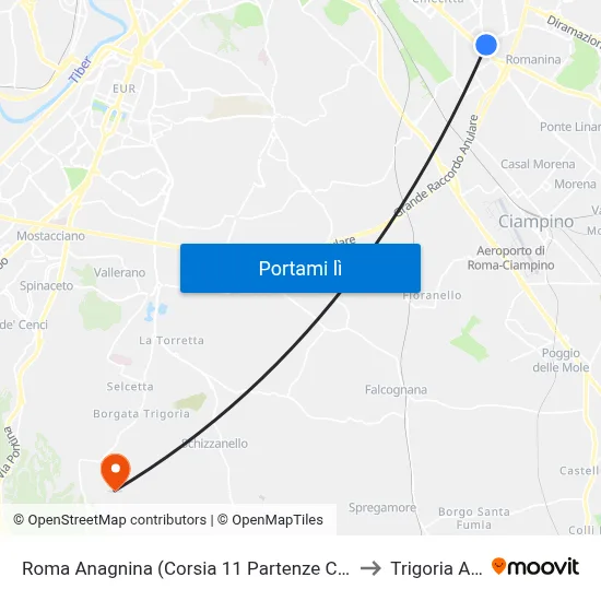 Roma Anagnina (Corsia 11 Partenze Cotral) to Trigoria Alta map