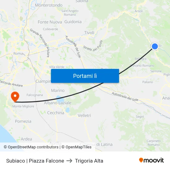 Subiaco | Piazza Falcone to Trigoria Alta map