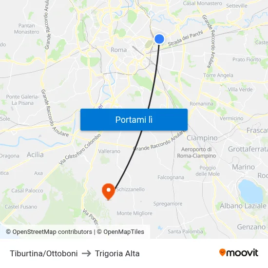 Tiburtina/Ottoboni to Trigoria Alta map