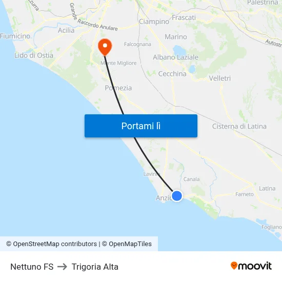 Nettuno FS to Trigoria Alta map