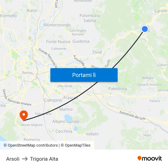 Arsoli to Trigoria Alta map