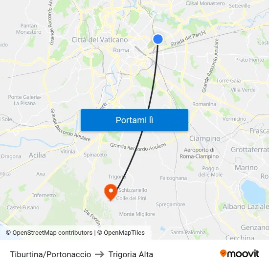 Tiburtina/Portonaccio to Trigoria Alta map