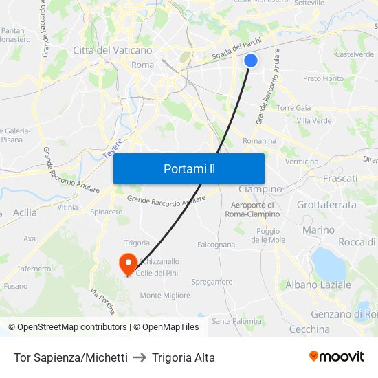 Tor Sapienza/Michetti to Trigoria Alta map