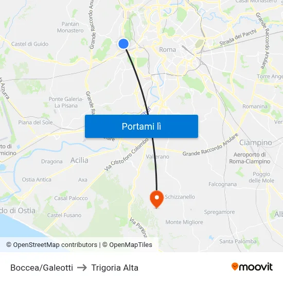 Boccea/Galeotti to Trigoria Alta map