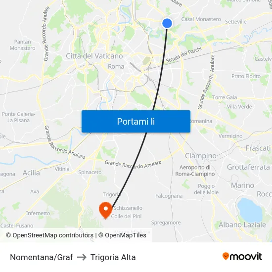 Nomentana/Graf to Trigoria Alta map