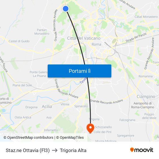 Staz.ne Ottavia (Fl3) to Trigoria Alta map