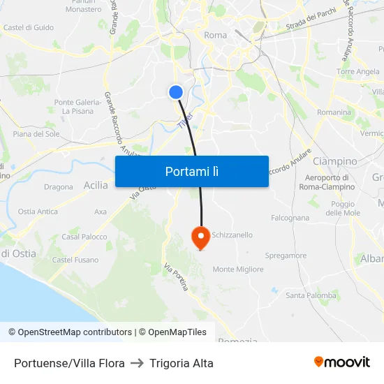 Portuense/Villa Flora to Trigoria Alta map