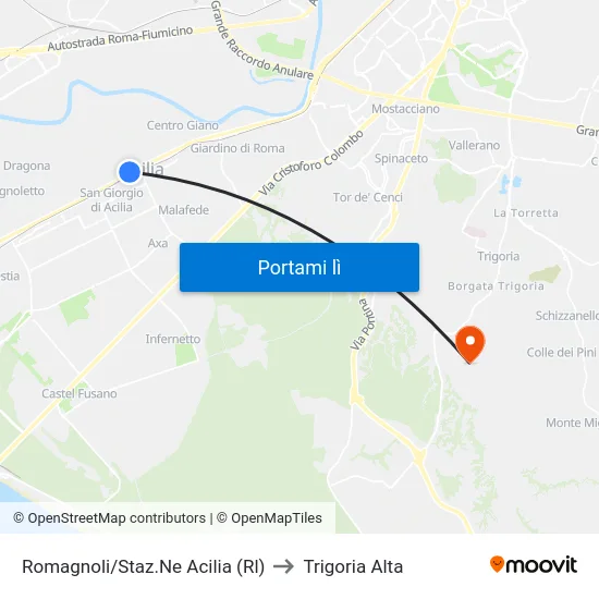 Romagnoli/Staz.Ne Acilia (Rl) to Trigoria Alta map