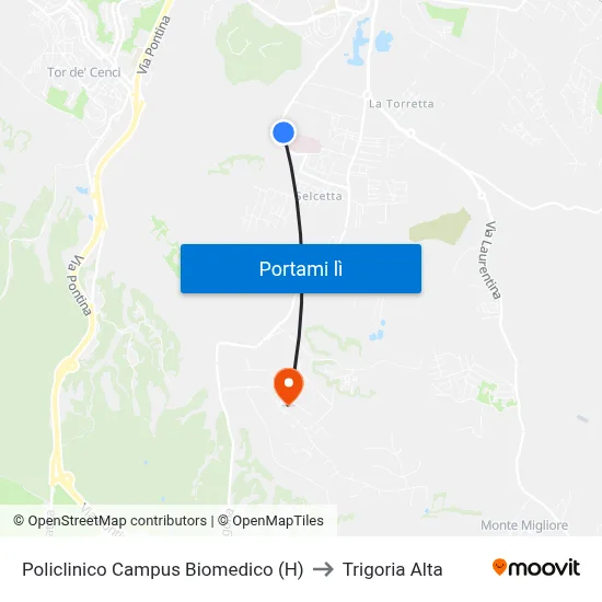 Policlinico Campus Biomedico (H) to Trigoria Alta map