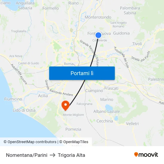 Nomentana/Parini to Trigoria Alta map