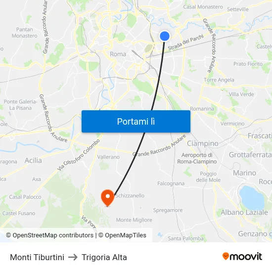 Monti Tiburtini to Trigoria Alta map