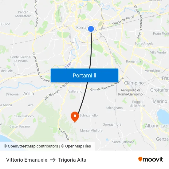 Vittorio Emanuele to Trigoria Alta map
