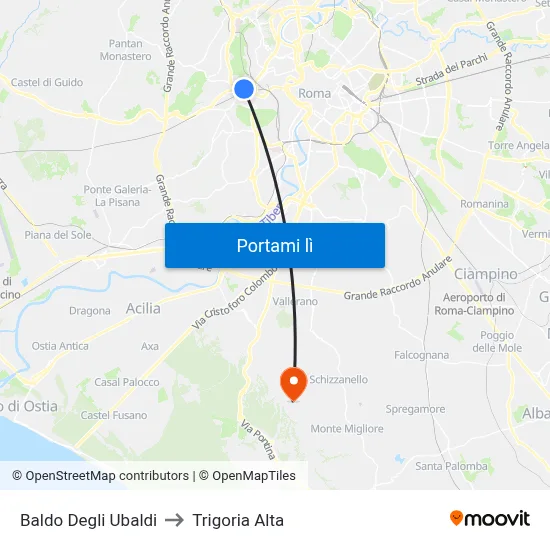 Baldo Degli Ubaldi to Trigoria Alta map