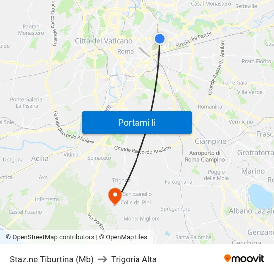 Staz.ne Tiburtina (Mb) to Trigoria Alta map