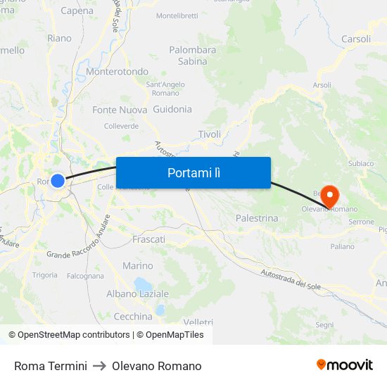 Roma Termini to Olevano Romano map