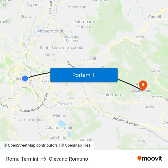 Roma Termini to Olevano Romano map
