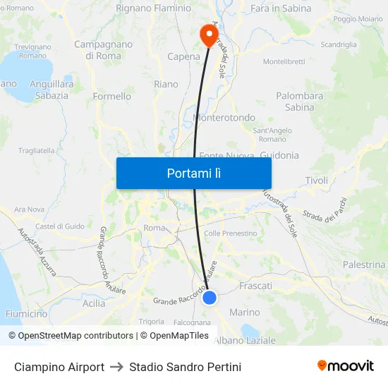 Ciampino Airport to Stadio Sandro Pertini map