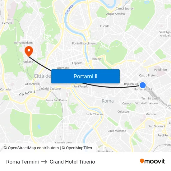 Roma Termini to Grand Hotel Tiberio map