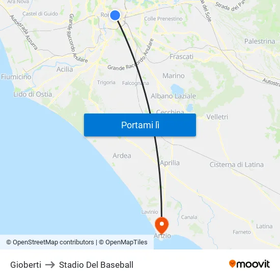 Gioberti to Stadio Del Baseball map