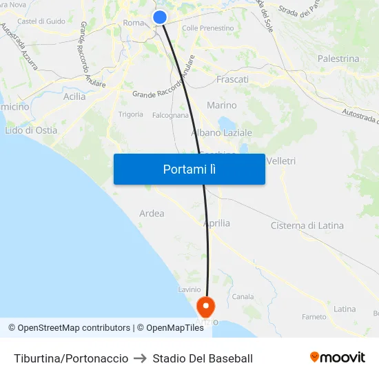 Tiburtina/Portonaccio to Stadio Del Baseball map