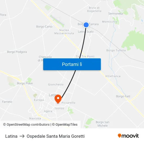 Latina to Ospedale Santa Maria Goretti map