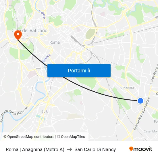 Roma | Anagnina (Metro A) to San Carlo Di Nancy map