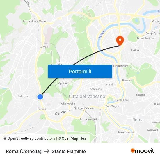Roma (Cornelia) to Stadio Flaminio map