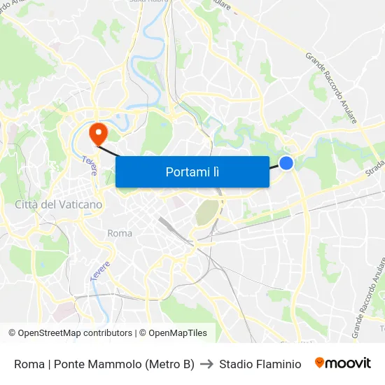 Roma | Ponte Mammolo (Metro B) to Stadio Flaminio map