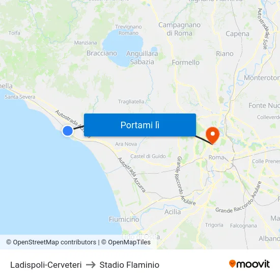 Ladispoli-Cerveteri to Stadio Flaminio map