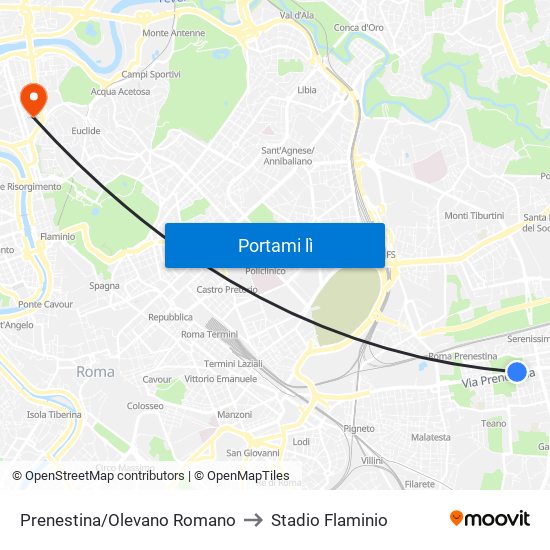 Prenestina/Olevano Romano to Stadio Flaminio map