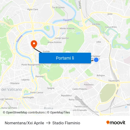 Nomentana/Xxi Aprile to Stadio Flaminio map