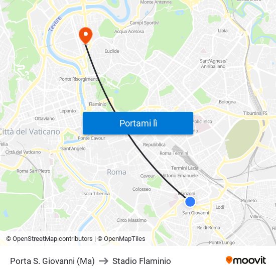 Porta S. Giovanni (Ma) to Stadio Flaminio map