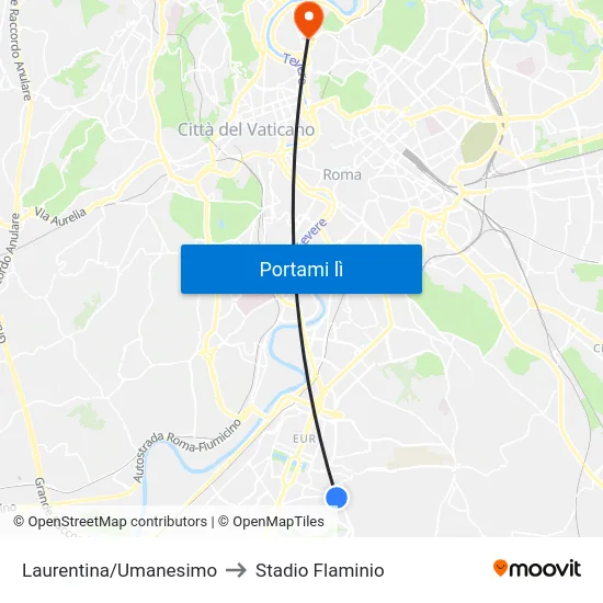 Laurentina/Umanesimo to Stadio Flaminio map