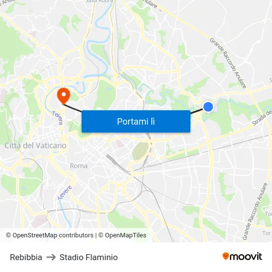 Rebibbia to Stadio Flaminio map