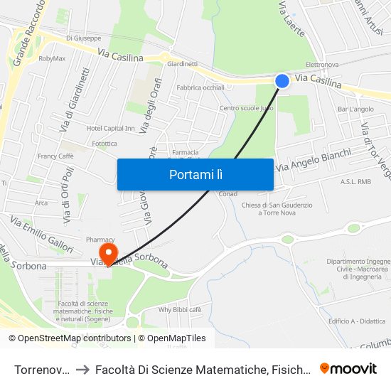 Torrenova (Mc) to Facoltà Di Scienze Matematiche, Fisiche E Naturali (Sogene) map