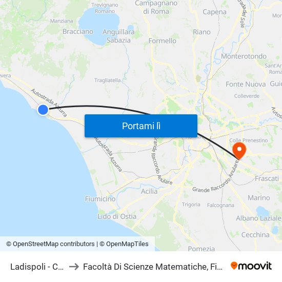 Ladispoli - Cerveteri FS to Facoltà Di Scienze Matematiche, Fisiche E Naturali (Sogene) map