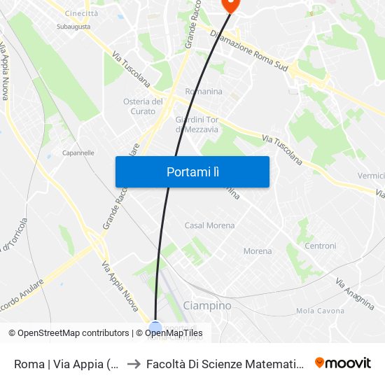 Roma | Via Appia (Aeroporto Ciampino) to Facoltà Di Scienze Matematiche, Fisiche E Naturali (Sogene) map