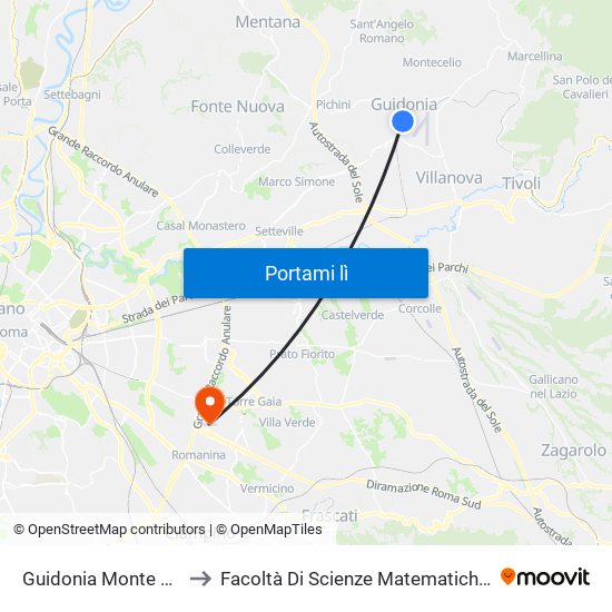 Guidonia Monte Celio - Sant'Angelo to Facoltà Di Scienze Matematiche, Fisiche E Naturali (Sogene) map